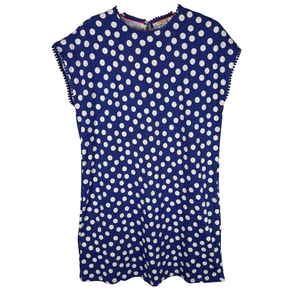 Boden Polka Dot Pom Pom Trim Cotton Shift Dress Womens 12 Royal Blue White